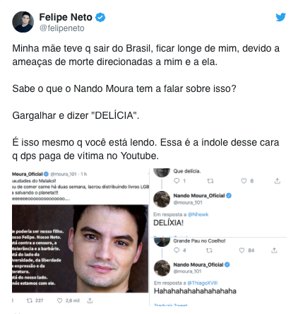 Mãe de Felipe Neto recebe ameaça pela internet: 'Três anos nesse